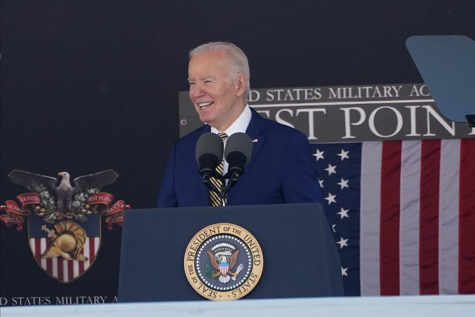 President Joe Biden speaks at the 2024 graduation and commissioning ceremony at the U.S. Military Academy at West Point, in Highland Falls, New York, on Saturday, May 25, 2024.