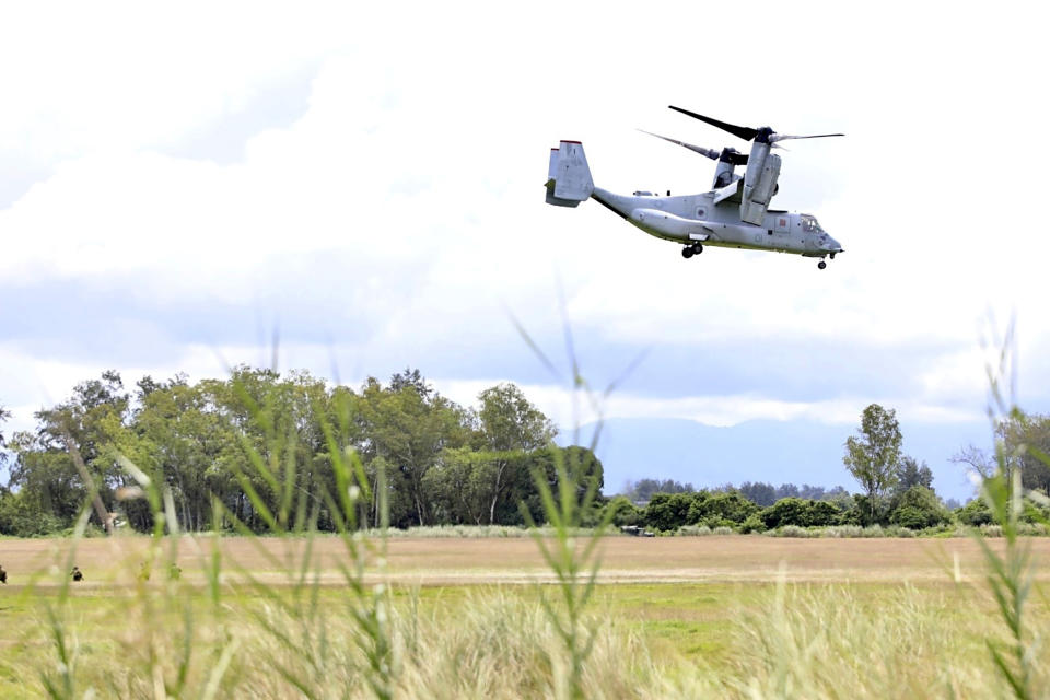 This photo released by the Philippine DND Defense Communications Service and AFP Public Affairs Office shows a U.S. Marines MV-22B Osprey landing as part of a large-scale combined amphibious assault exercise on Friday, Aug. 25, 2023 at a naval base in San Antonio, Zambales. Australian and Filipino forces, backed by U.S. Marines, practiced retaking an island seized by hostile forces in a large military drill Friday on the northwestern Philippine coast facing the disputed South China Sea.(Philippine DND Defense Communications Service and AFP Public Affairs Office via AP)