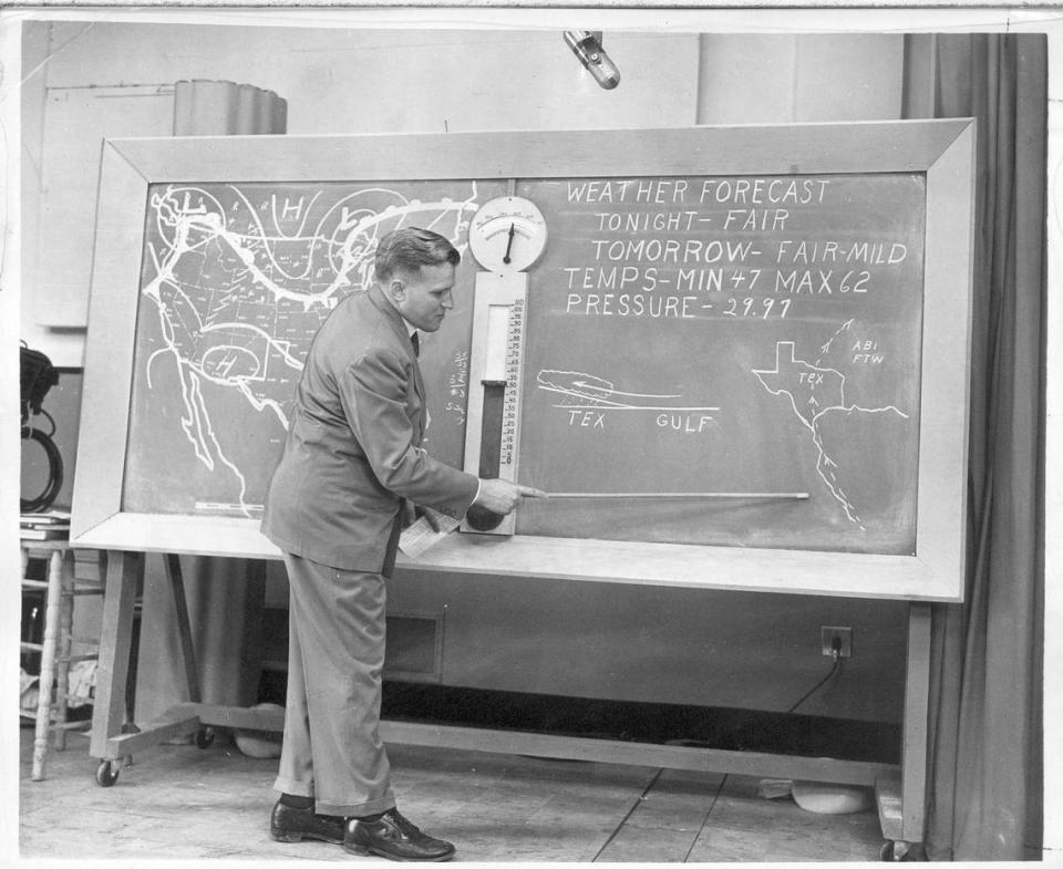 Standing at the “Weather Tele-facts” studio weather map, Robert Denny, one of three Weather Bureau employees at WBAP-TV, gives the weather forecast on-air for Jan. 8, 1950