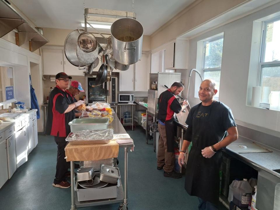 Chef Gus Rodriguez and the men in Fresh Start prepare dinner for three separate homeless shelters.