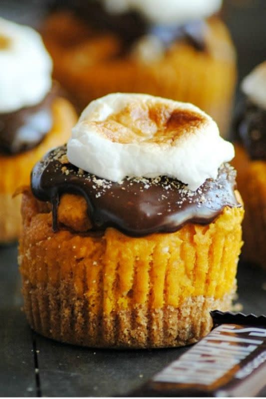 <p>Something Swanky</p><p>Made with graham cracker crusts, an easy 3-ingredient pumpkin spice cupcake recipe, marshmallow cream filling, chocolate ganache and a toasted marshmallow up on top. </p><p><strong>Get the recipe: </strong><a href="https://www.somethingswanky.com/pumpkin-smores-cupcakes/" rel="nofollow noopener" target="_blank" data-ylk="slk:S’mores Pumpkin Cupcakes Recipe;elm:context_link;itc:0;sec:content-canvas" class="link "><strong>S’mores Pumpkin Cupcakes Recipe</strong></a></p>