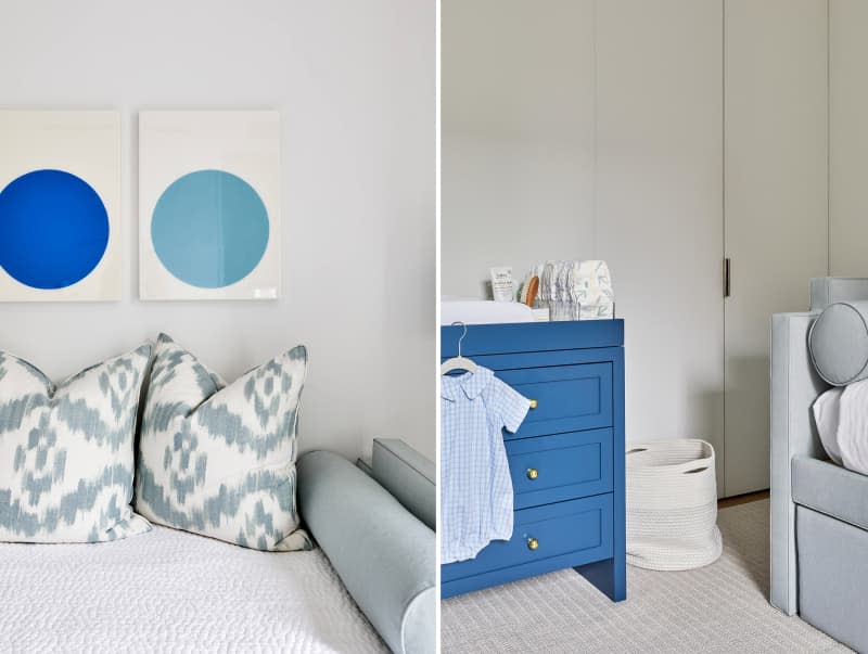 2 views of a nursery with pops of blue via art and painted furniture