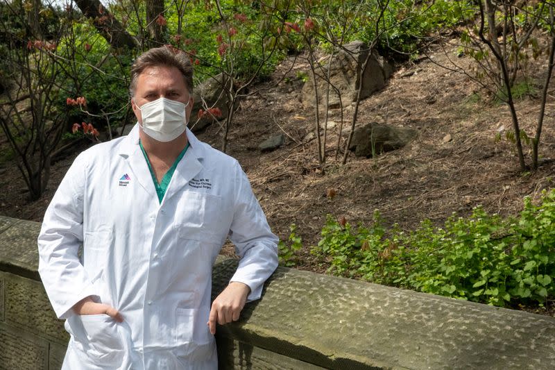 J Mocco, MD, Director of Mount Sinai's Cerebrovascular Center, poses outside Mount Sinai Hospital in Manhattan, New York