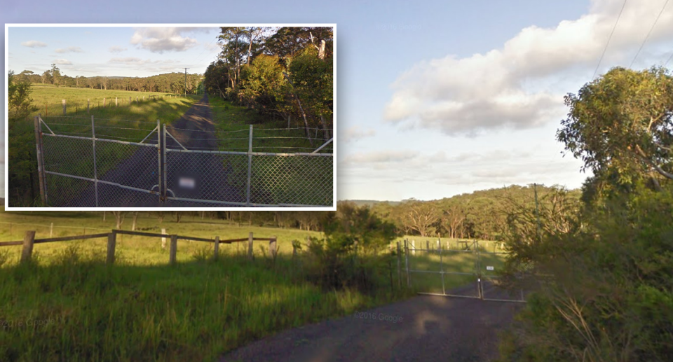 A view of a driveway and gate are seen at the entrance to The Farm racetrack at Kulnura. 