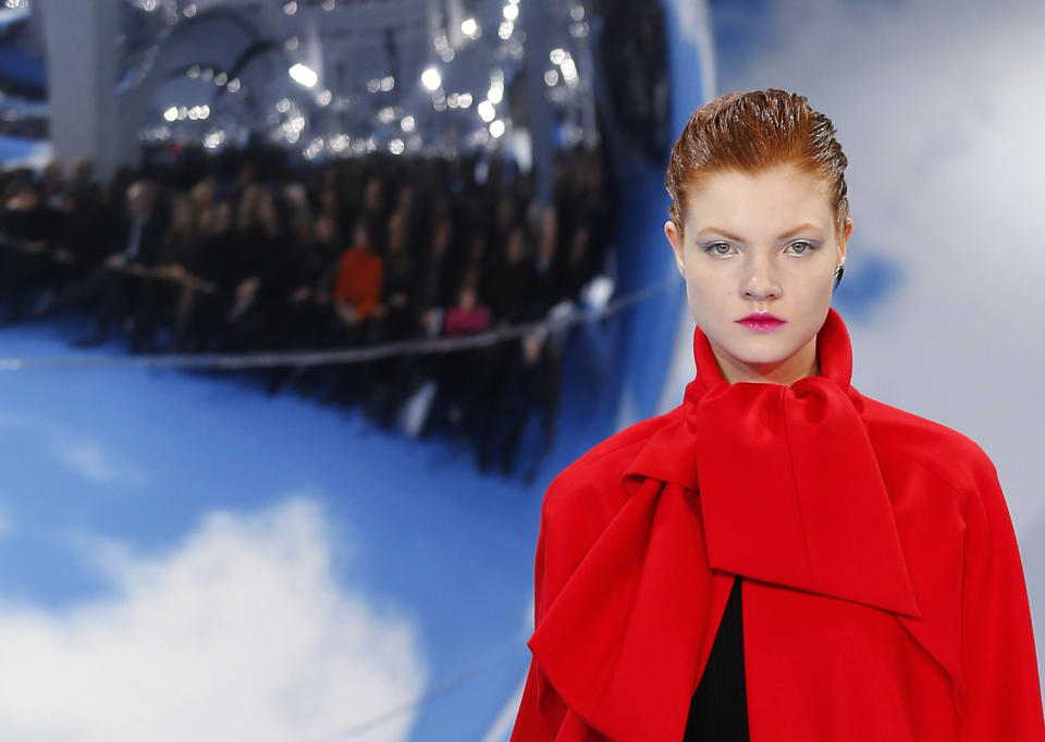 A model wears a creation by designer Raf Simons for Christian Dior's Ready to Wear Fall-Winter 2013-2014 fashion collection, presented, Thursday, March.1, 2013 in Paris. (AP Photo/Jacques Brinon)