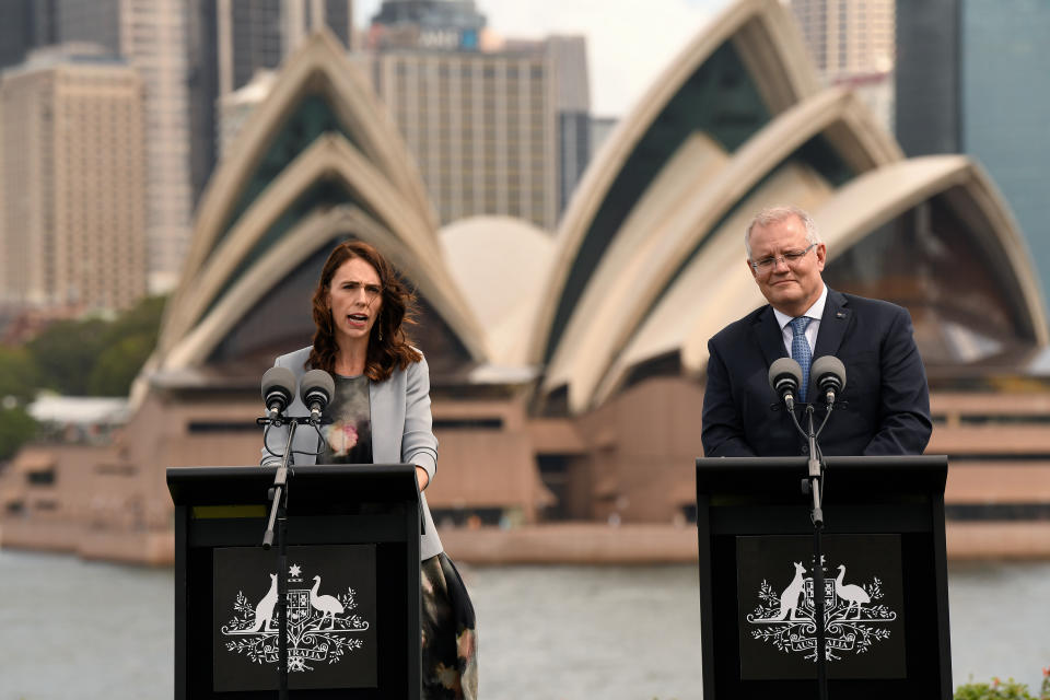 New Zealand Prime Minister Jacinda Ardern and Australian Prime Minister Scott Morrison in a press conference that had a rather testy moment. Source: AAP