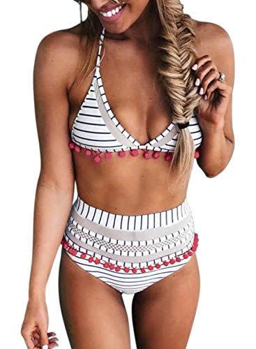 11) Tasseled Halter High-Waisted Bikini Set