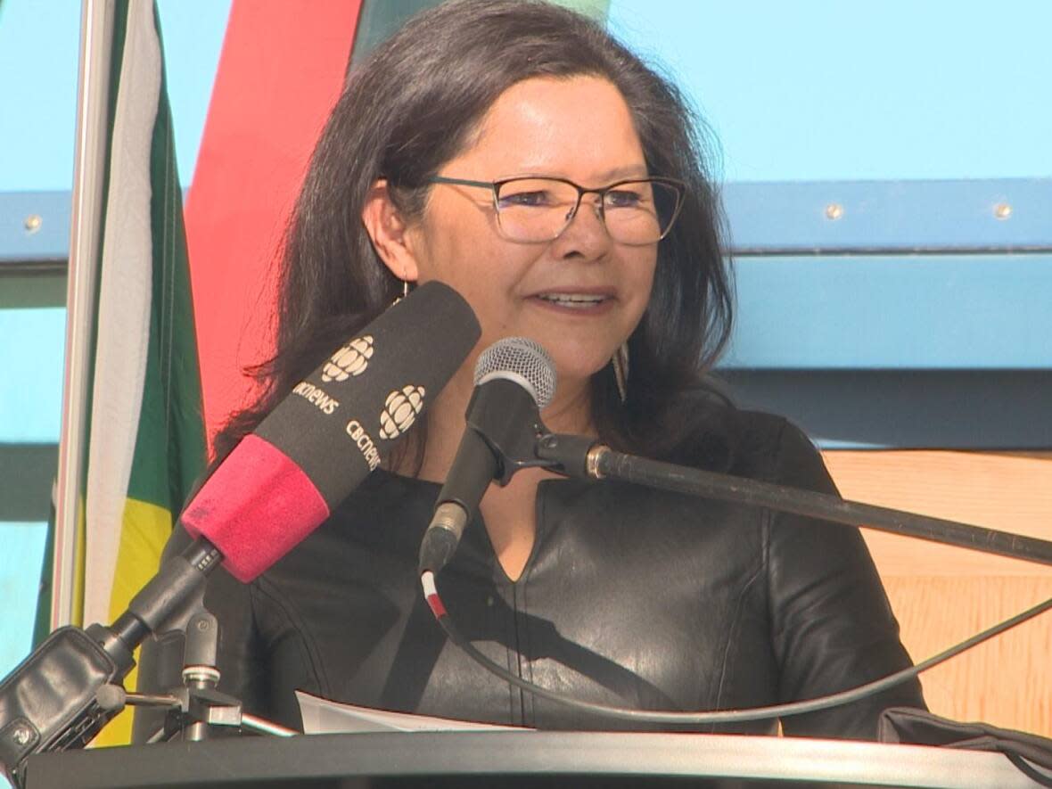 A colourful ceremony, which formally introducing Dr. Jacqueline Ottmann as president of the First Nations University of Canada, was complete with music and dancing in Regina on Friday. (CBC - image credit)