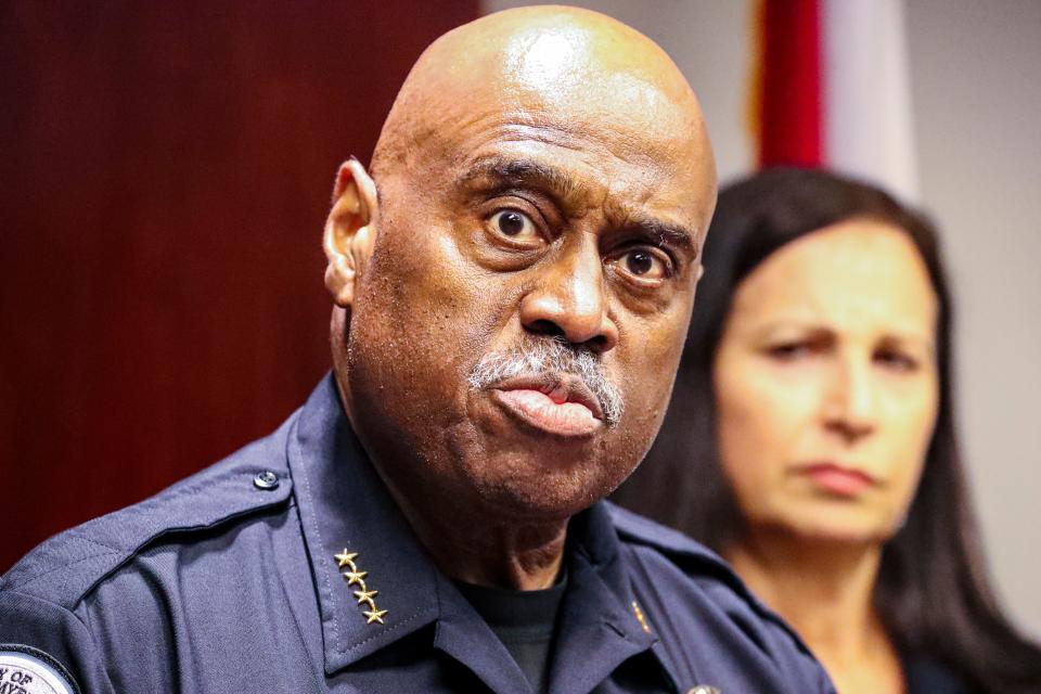 State Attorney Amira Fox worked alongside Fort Myers Police Chief Derrick Diggs in many high-profile cases. Diggs died Wednesday, February 15, 2023,  of cancer. In this file photo, Diggs and Fox spoke at a news conference on the Club Blu mass shootings in June.