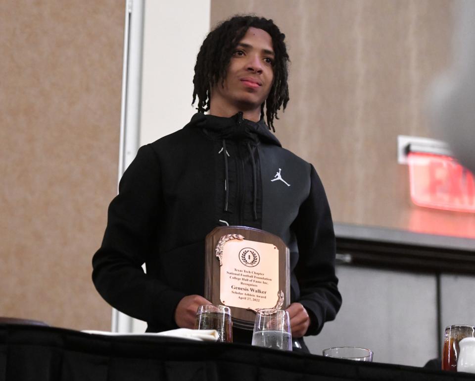 Wide receiver Genesis Walker was one of two Estacado players presented scholarships Wednesday during the annual scholar-athlete awards banquet put on by the Texas Tech chapter of the National Football Foundation and College Hall of Fame.