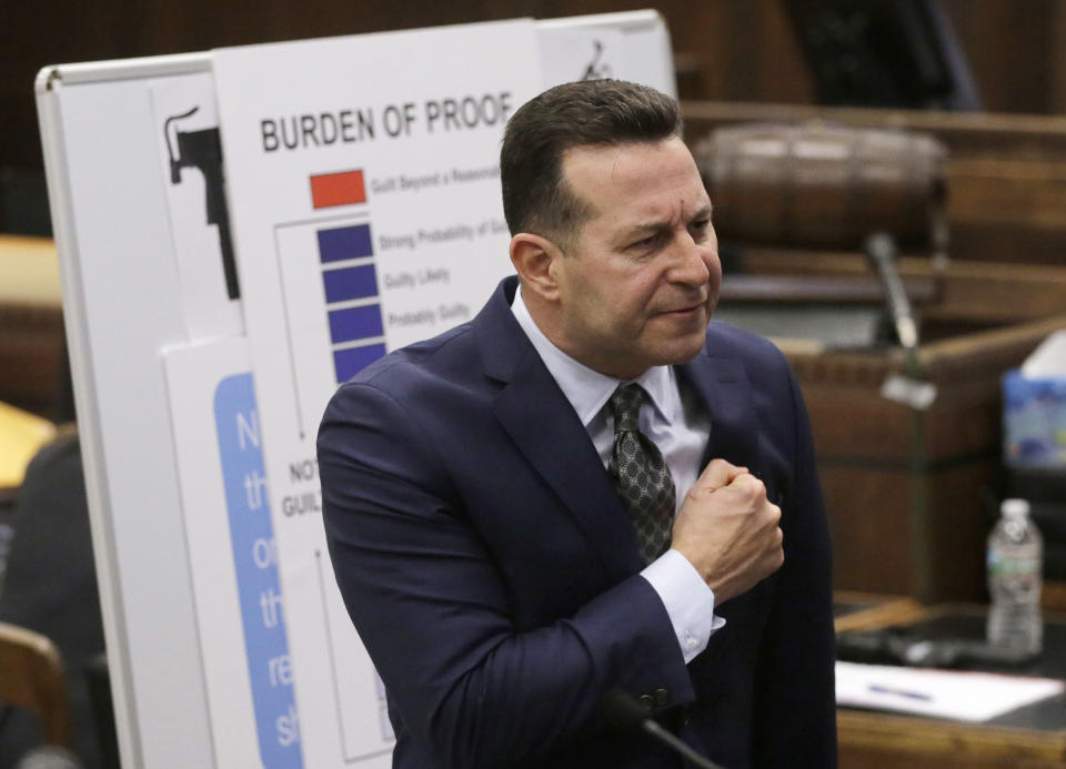 Defense attorney Jose Baez presents closing arguments in the trial of former New England Patriots tight end Aaron Hernandez, at Suffolk Superior Court, Thursday, April 6, 2017, in Boston. Hernandez is on trial for the July 2012 killings of Daniel de Abreu and Safiro Furtado who he encountered in a Boston nightclub. The former NFL player is already serving a life sentence in the 2013 killing of semi-professional football player Odin Lloyd. (AP Photo/Steven Senne, Pool)