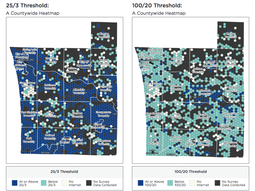 Heat maps based on survey data show where residents lack internet access (in white), have a connection but not at minimum broadband standards for speed (in aqua) and have access at or above broadband speeds. At left, the map shows areas that meet FCC standards of 25 mbps in blue. At right, the map shows areas that meet industry standards of 100 mbps in blue.