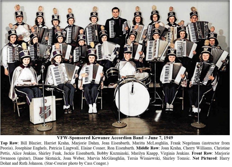 A newspaper clipping showing the Kewanee Accordion Band, which it one time had as many as 50 members.