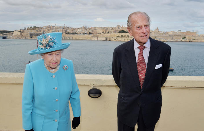 <p>Queen Elizabeth II and Prince Philip, Duke of Edinburgh by the view from the Kalkara heritage site in Valletta Harbour in Malta in 2015. It was her last trip abroad. (Getty Images)</p> 