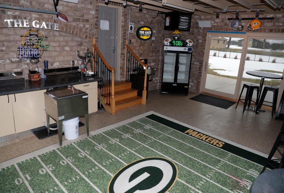 The garage of a Green Bay Packers-themed short-term rental property at 2029 True Lane pictured on March 31, 2023, in Ashwaubenon, Wis.