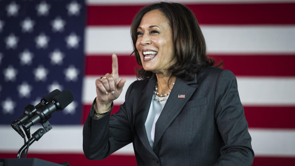 U.S. Vice President Kamala Harris speaks after touring a Covid-19 vaccination site at M&T Bank Stadium in Baltimore, Maryland, U.S., on Thursday, April 29, 2021. (Jim Lo Scalzo/EPA/Bloomberg via Getty Images)