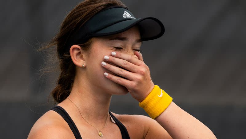 Orem’s Maya Inouye reacts to her victory in the first singles finals against Hillcrest’s Fabiana Gonzalez during the 2023 4A Girls Tennis Championships at Liberty Park Tennis Courts in Salt Lake City on Saturday, Sept. 30, 2023. Inouye won the match during a tie-break game in the third set.