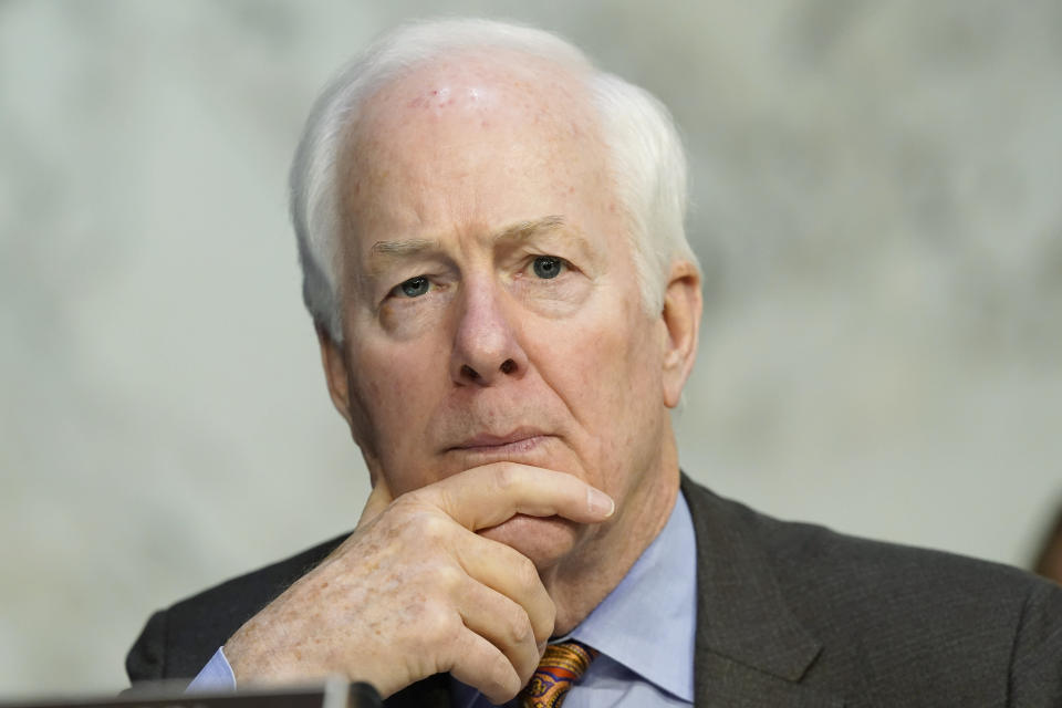 FILE - Sen. John Cornyn, R-Texas, listens on Capitol Hill in Washington, March 23, 2022. Key Republicans are warming up to passing a bill that provides roughly $52 billion in incentives for the semiconductor industry. Three weeks ago, the computer chips bill looked like it could be in trouble despite having significant bipartisan support.(AP Photo/Alex Brandon, File)
