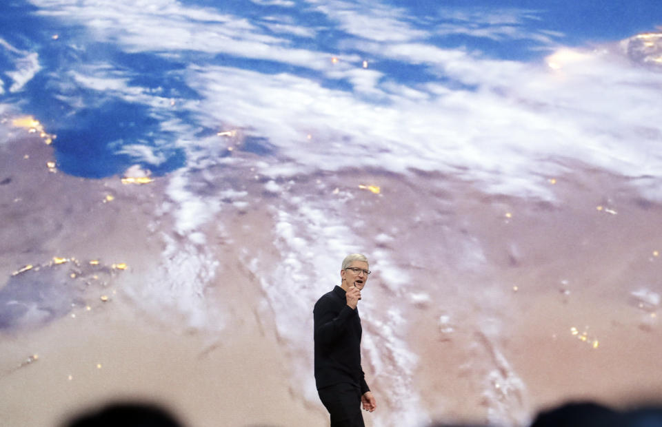 Apple CEO Tim Cook speaks at the Apple Worldwide Developers Conference in San Jose, Calif., Monday, June 3, 2019. (AP Photo/Jeff Chiu)