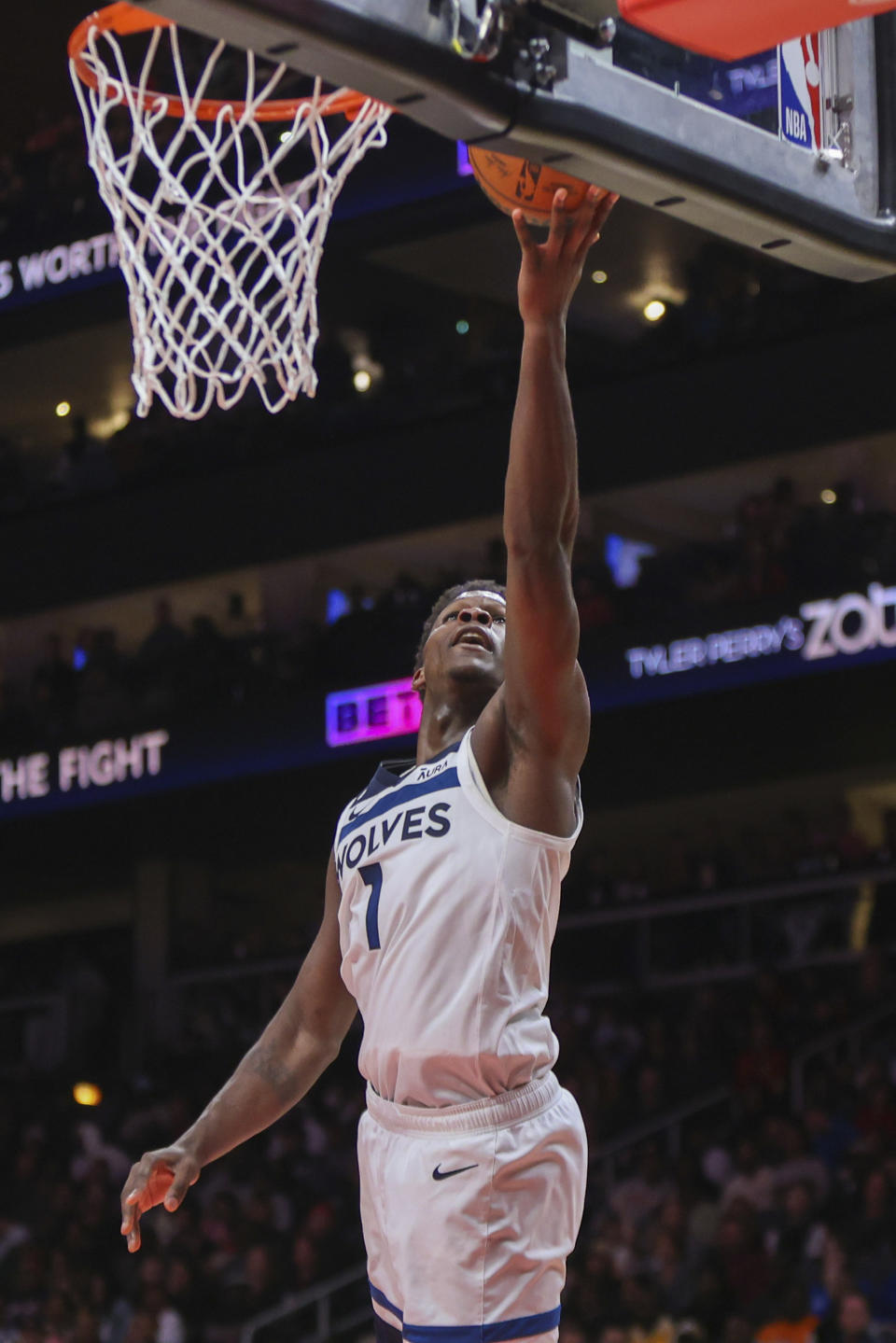 Minnesota Timberwolves guard Anthony Edwards (1) shoots in the second half of an NBA basketball game against the Atlanta Hawks, Monday, March 13, 2023, in Atlanta. (AP Photo/Brett Davis)