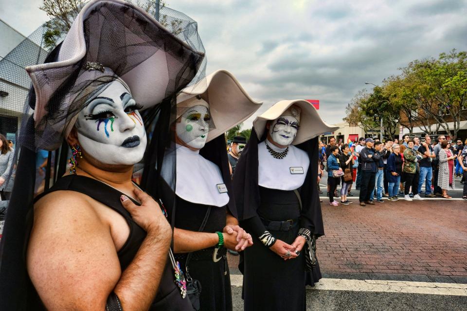 Members of the Sisters of Perpetual Indulgence are shown during a 2016 gay pride parade in West Hollywood, California.