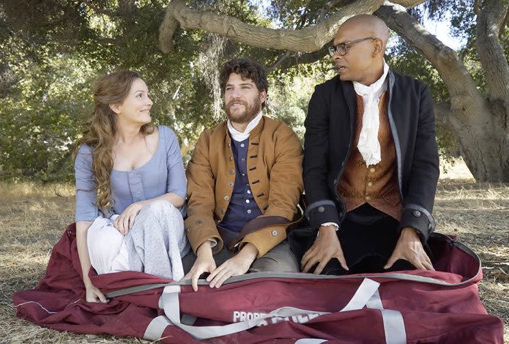 Leighton Meester, Adam Pally, and Yasir Lester in ‘Making History’ (Credit: Jennifer Clasen/Fox)