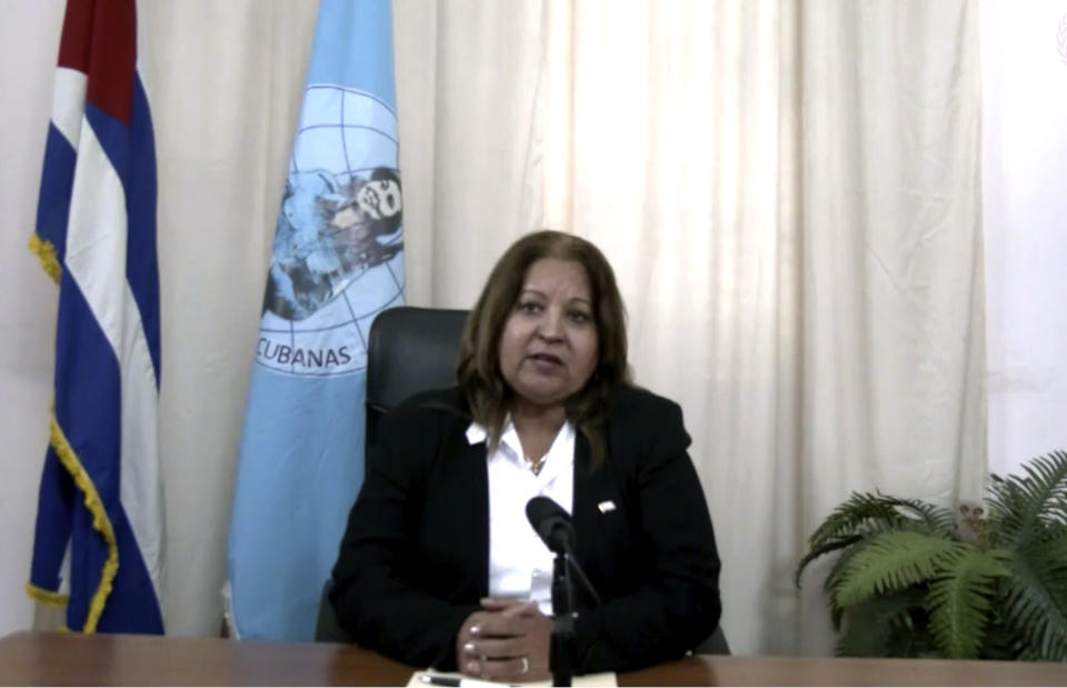 In this image made from UNTV video, Teresa Amarelle Boue, Member of the Council of State of Cuba, speaks during a pre-recorded message which was played inside the United Nations General Assembly Hall, Thursday, Oct. 1, 2020, at U.N. headquarters, in New York. (UNTV Via AP)