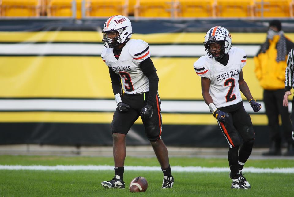 Beaver Falls Da'talian Beauford (3) reacts after scoring a touchdown in final minutes of the second half during the WPIAL 2A Championship game against Steel Valley Friday afternoon at Acrisure Stadium in Pittsburgh, PA.