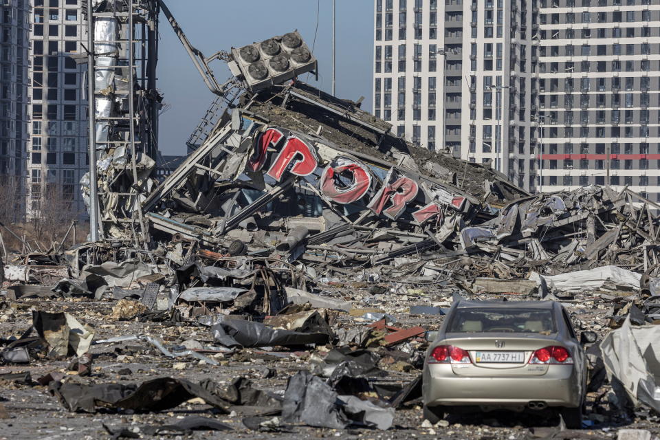 General view of the site of a bombing at a shopping center as Russia's invasion of Ukraine continues, in Kyiv, Ukraine March 21, 2022. REUTERS/Marko Djurica