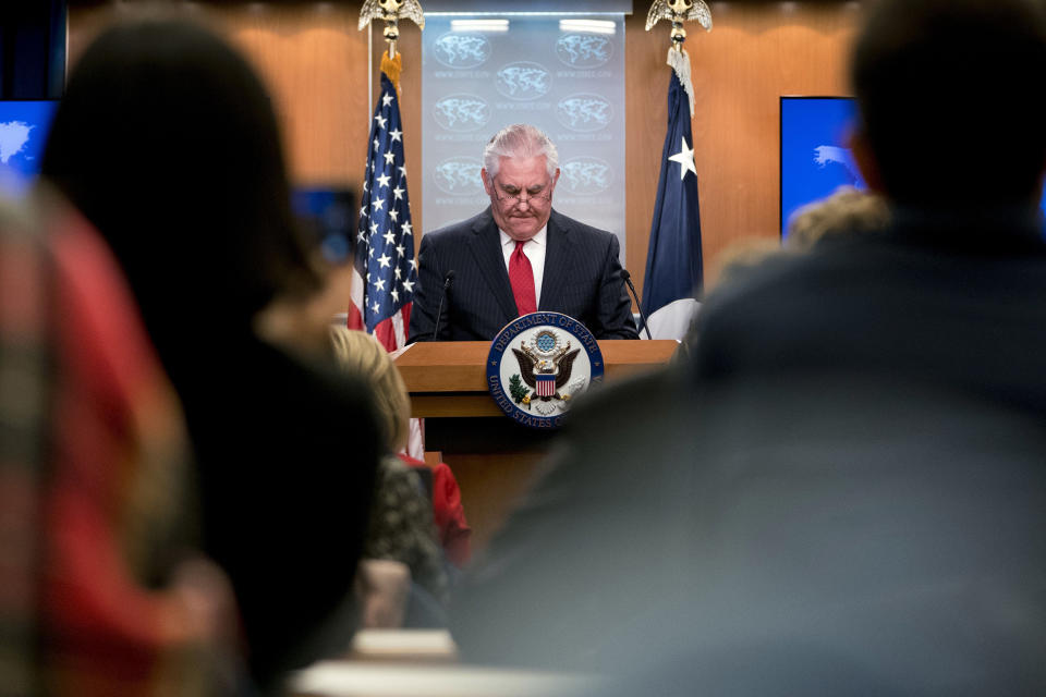 Secretary of State Rex Tillerson pauses while speaking at the State Department in Washington on March 13, 2018.