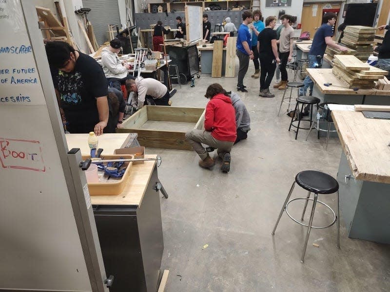 Students in GlenOak High School's construction trades program built the planting boxes for the new Plain Township Community Garden debuting at Al Leno Park by May.