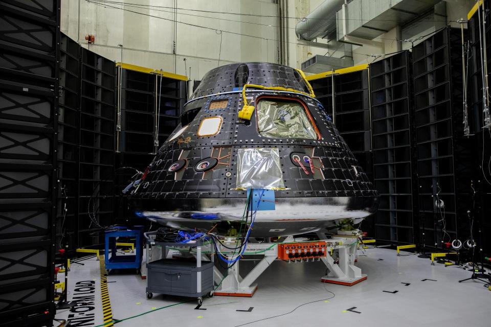 Shown inside the Neil Armstrong Operations and Checkout Building at NASA’s Kennedy Space Center in Florida on Aug. 8, 2023, is the Orion crew module for NASA’s Artemis II mission.