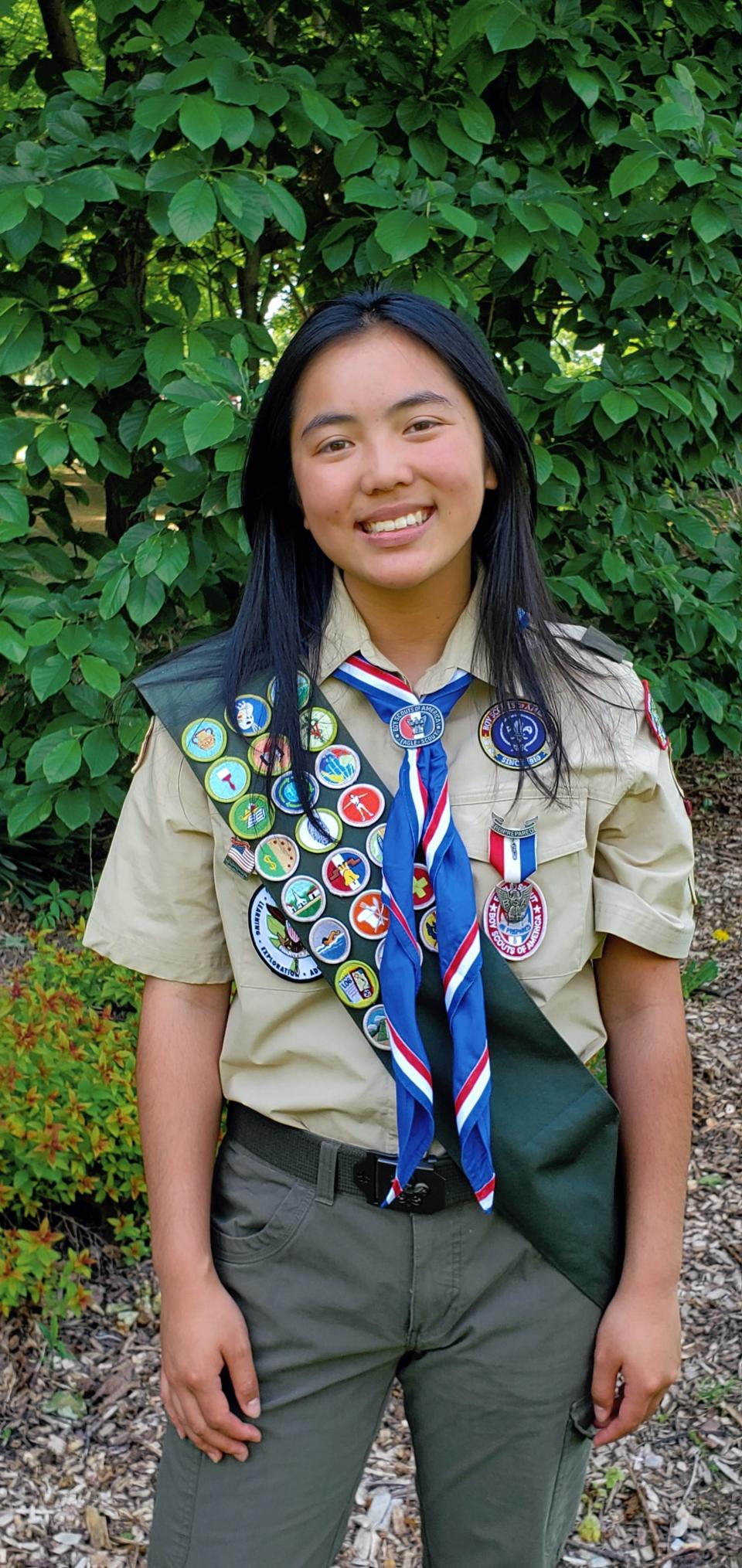 Lia Grammer wears her full Eagle Scout uniform in May 2022 in Montgomery, NY.