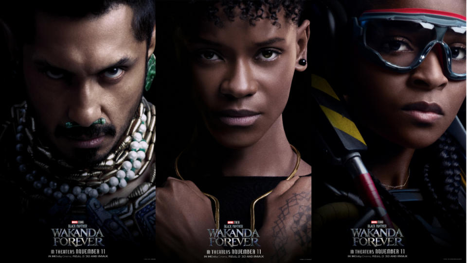 Black Panther 2 Wakanda Forever character posters for Shuri Namor and Ironheart