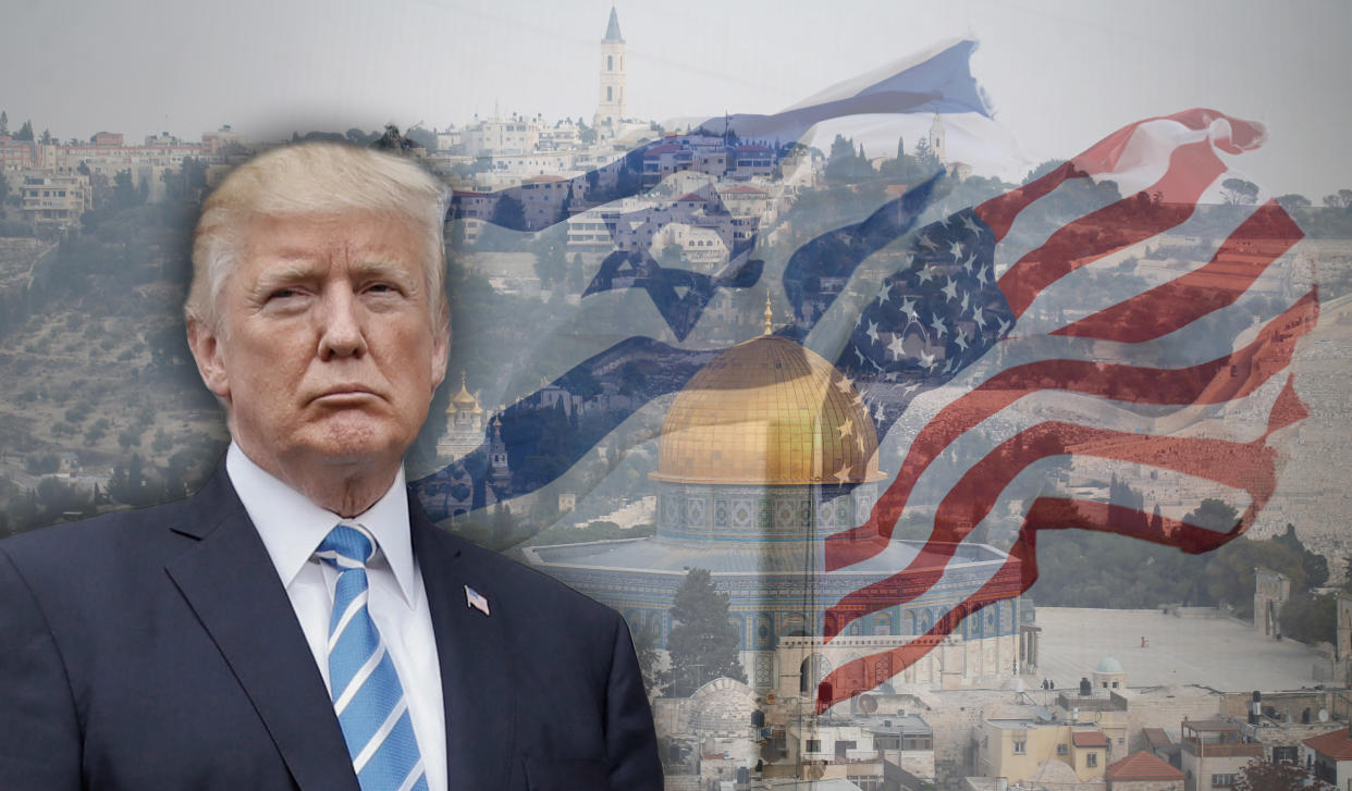 Trump and Jerusalem. (Photo illustration: Yahoo News; photos: AP, Ammar Awad/Reuters, Oded Balilty/AP)