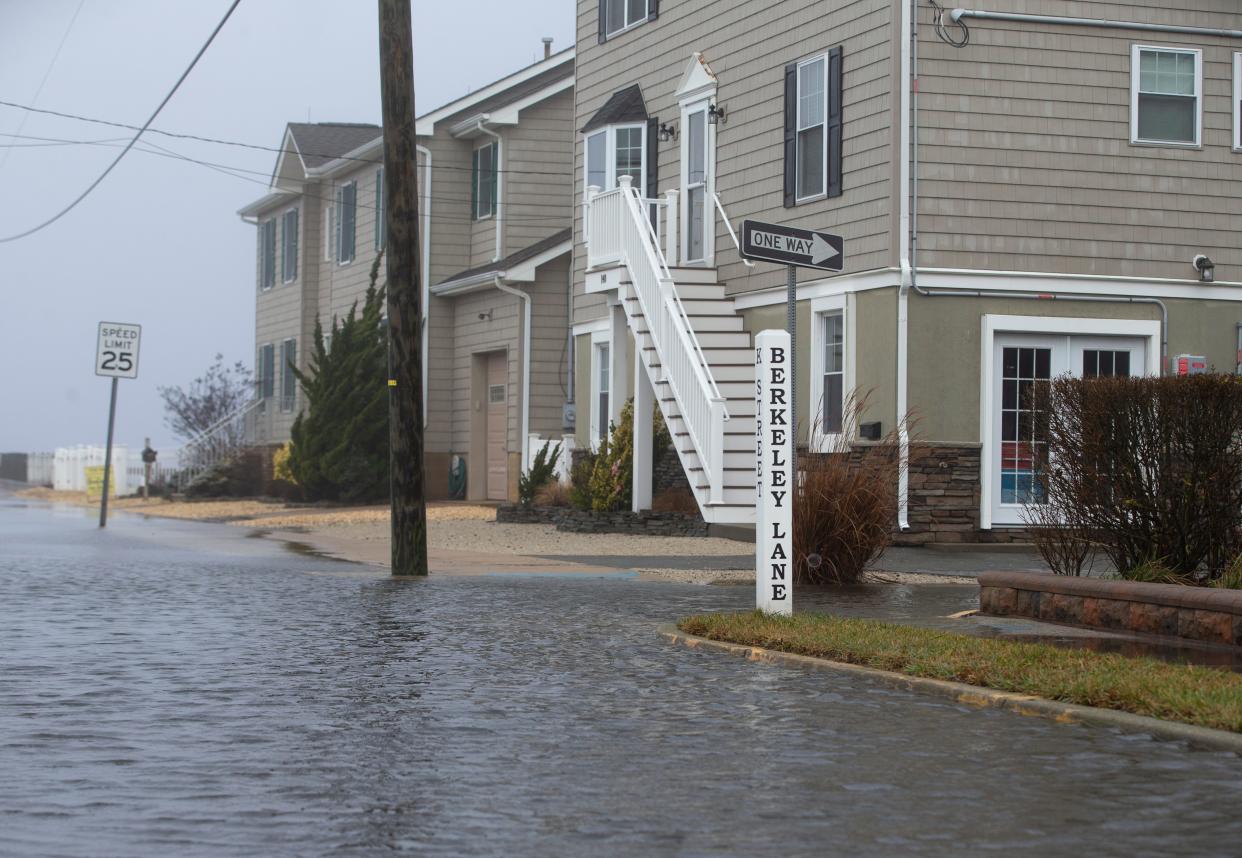 Flood water on K Street. Large waves and bayside flooding are seen throughout the coastal town of Seaside Park as a strong storm passes the area.   
Seaside Park, NJ
Saturday, January 13, 2024