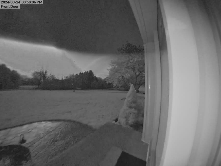 A doorbell camera captures a possible funnel cloud forming in Delaware County, March 14, 2024. (Courtesy/Jason Cox)