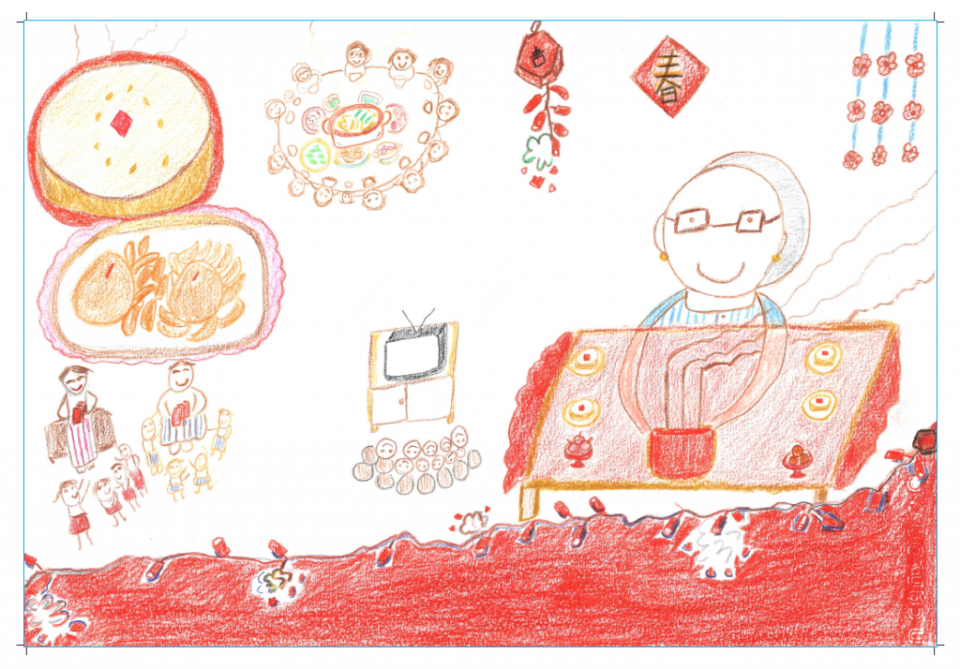 作者盧玉滿畫的”想家香”，道盡對家鄉食物的想念。（記者彭新茹攝）