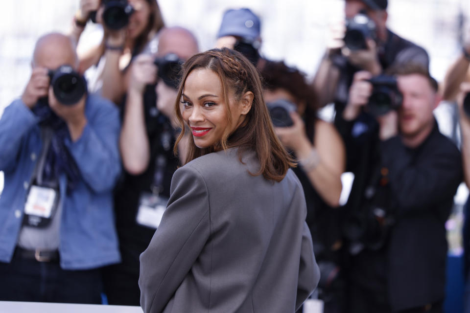 Zoe Saldana poses for photographers at the photo call for the film 'Emilia Perez' at the 77th international film festival, Cannes, southern France, Sunday, May 19, 2024. (Photo by Vianney Le Caer/Invision/AP)