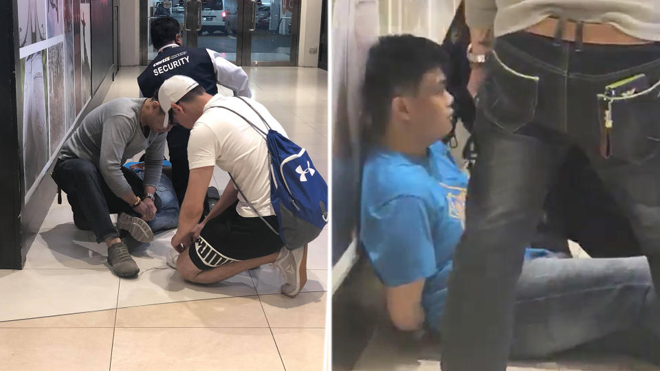 Members of the public (left) seen assisting a mall security officer in detaining the male teenager (right) who was seen wandering about Bedok Mall with a pair of scissors on Thursday (17 May) afternoon. (Photos courtesy of Andrea Heng)