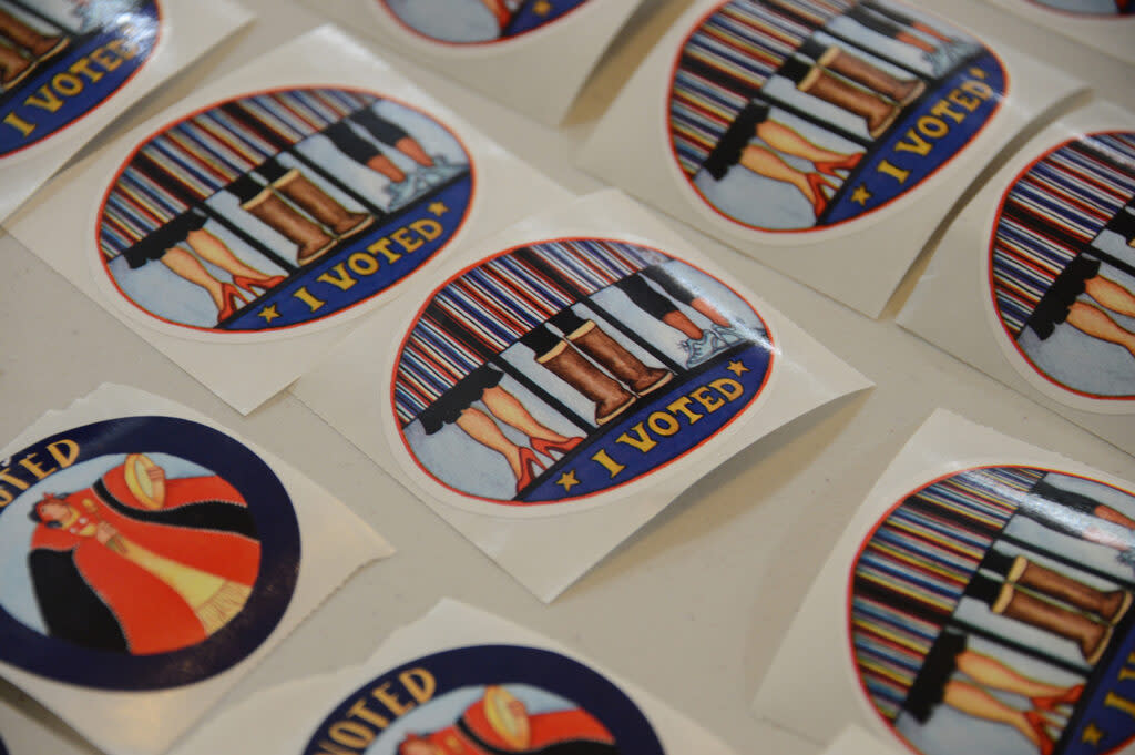 "I voted" stickers are seen on display at a polling station in Juneau's Mendenhall Valley on Tuesday, Aug. 16, 2022. (Photo by James Brooks/Alaska Beacon)
