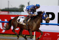 Horse Racing - Dubai World Cup - Meydan Racecourse, Dubai - 25/3/17 - Harry Bentley rides Reda to the finish line to win the second race. REUTERS/Ahmed Jadallah