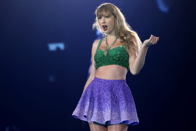 <p>Aldara Zarraoa/Getty</p> Taylor Swift performs on July 5, 2024