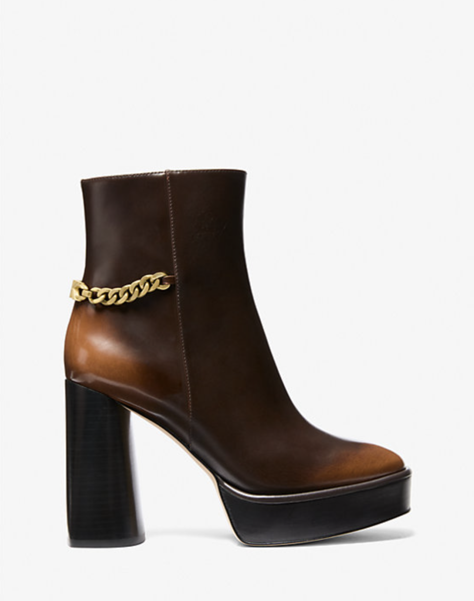 brown leather platform boot with gold chain, Carlisle Burnished Leather Platform Boot (Photo via Michael Kors)