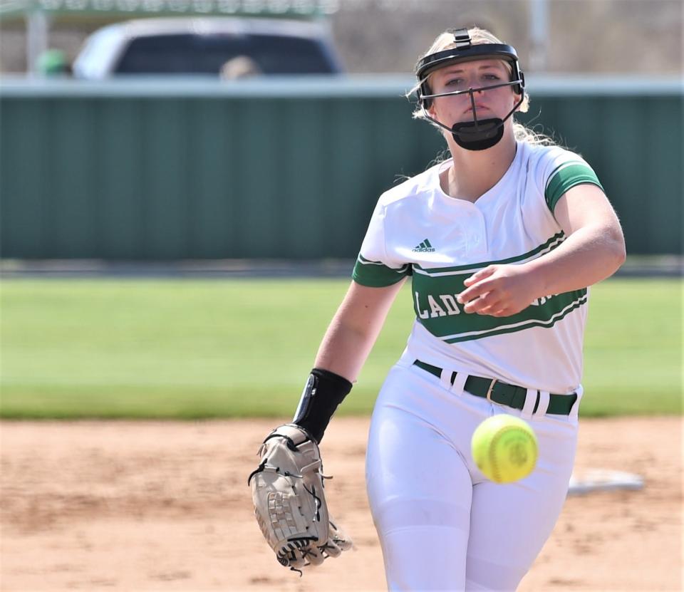 Hamlin pitcher Zoe Moore throws a pitch to a Haskell batter in the third inning.