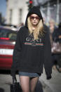 <p>Gucci’s black hoodie featuring the logo was model Elsa Hosk’s garment of choice during Milan Fashion Week in 2017. (Photo: Getty Images) </p>