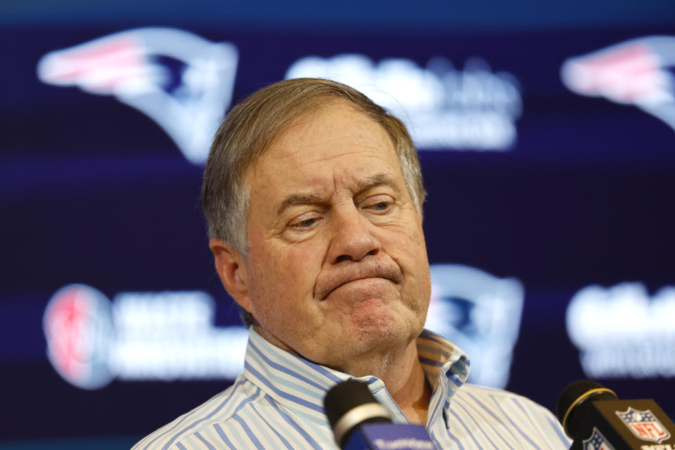 FOXBOROUGH, MASSACHUSETTS - JANUARY 07: New England Patriots head coach Bill Belichick speaks during a press conference after a game against the New York Jets at Gillette Stadium on January 07, 2024 in Foxborough, Massachusetts. (Photo by Winslow Townson/Getty Images)