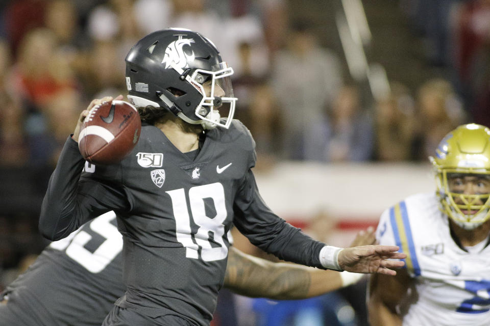 Washington State quarterback Anthony Gordon (18) prepares to pass the ball during the second half of an NCAA college football game against UCLA in Pullman, Wash., Saturday, Sept. 21, 2019. UCLA won 67-63 (AP Photo/Young Kwak)