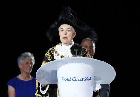 Gold Coast 2018 Commonwealth Games - Closing ceremony - Carrara Stadium - Gold Coast, Australia - April 15, 2018 - Lord Mayor of Birmingham Anne Underwood speaks. REUTERS/Athit Perawongmetha