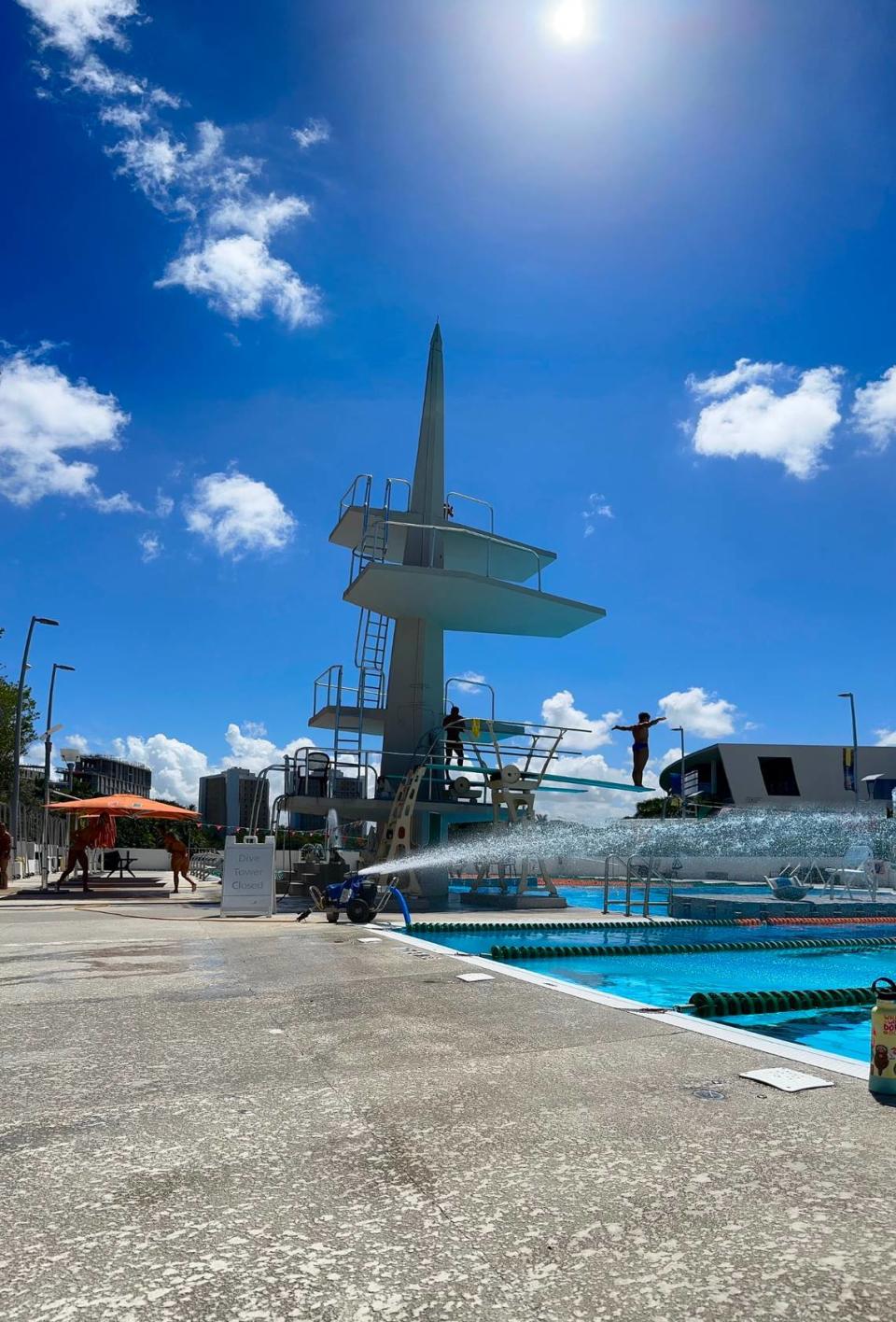 Even with an aerator working hard to cool off the waters of the University of Miami’s competitive 50-meter outdoor pool, a high heat index and temperatures in the 90s made it hard to beat the heat on June 15, 2023.